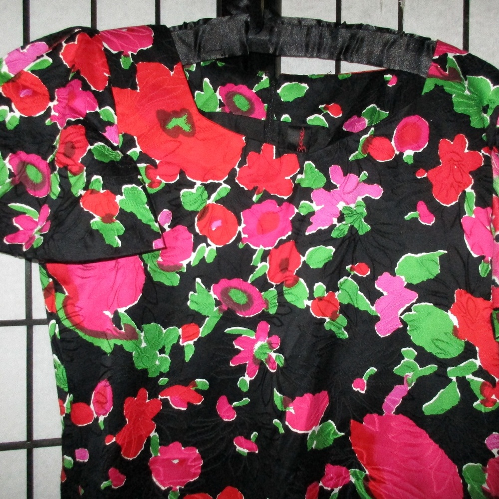VTG 80's PAULINE TRIGERE FLORAL PINK BLK RED DRESS
